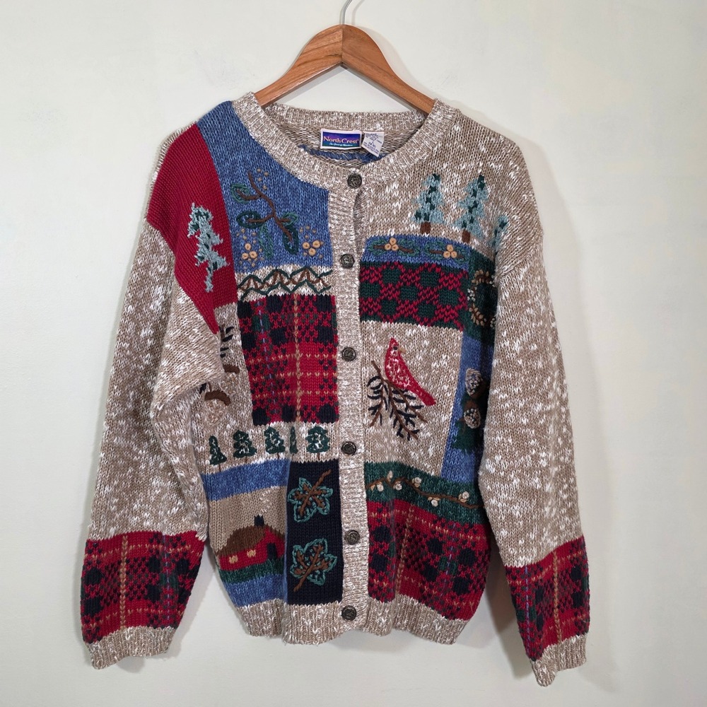 North Crest Womens Cardigan Patchwork Embroidery Cardinal Cabin Vintage Sz Large